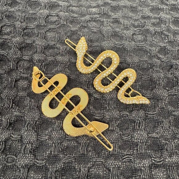 Gold Rhinestone Snake Hair Pins Set of 2 Sparkly Statement Clips - Picture 3 of 4